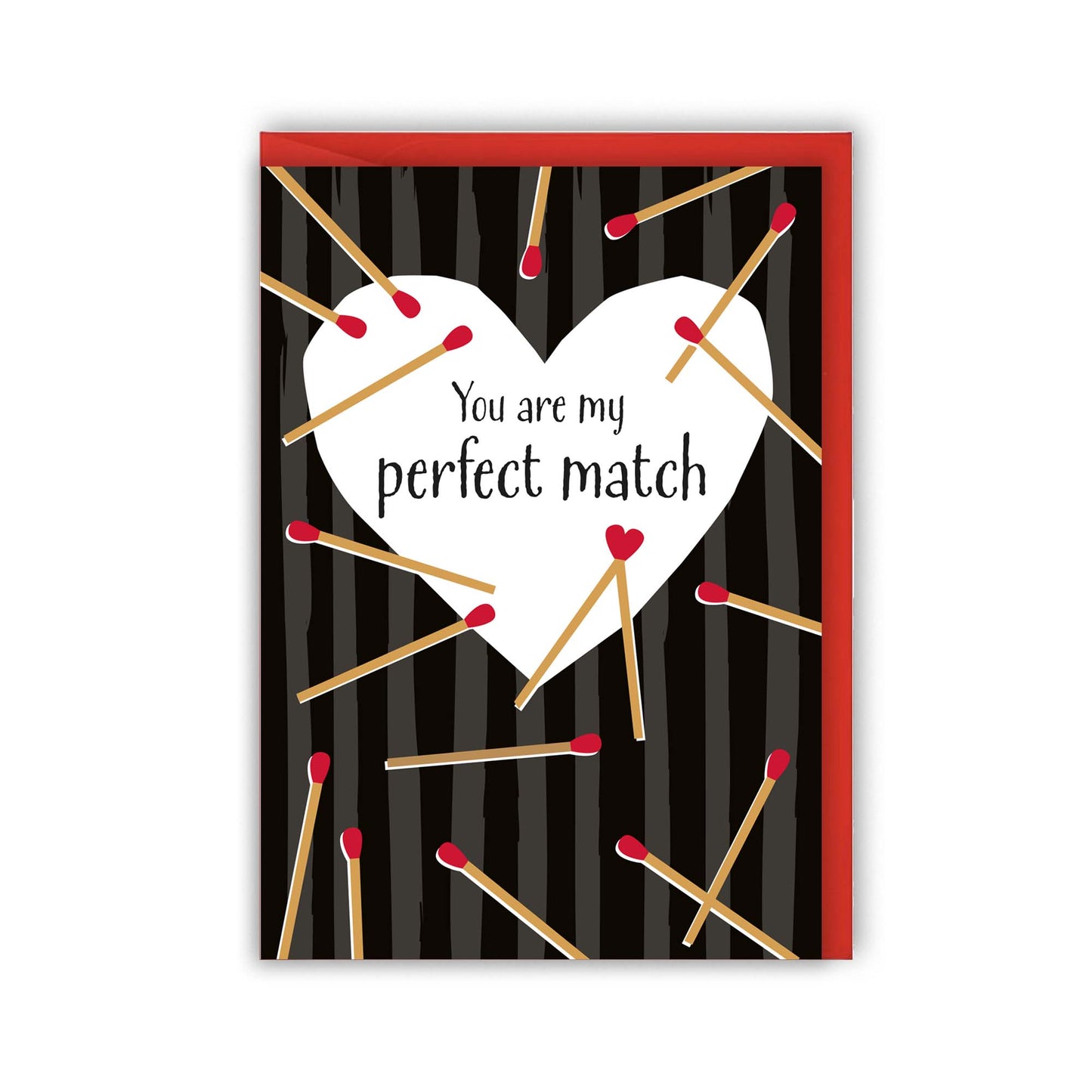black striped background and a pattern of match sticks. Two matches  placed together form a heart shape