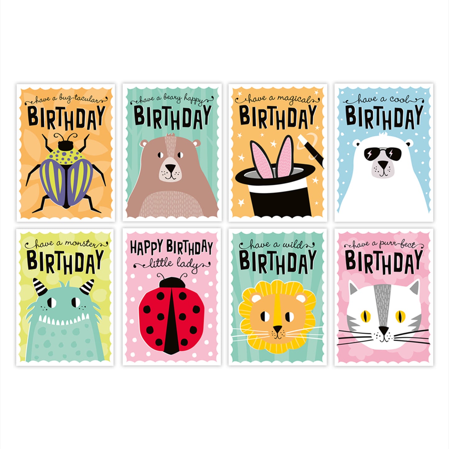 Kids birthday card pack - eight mixed designs