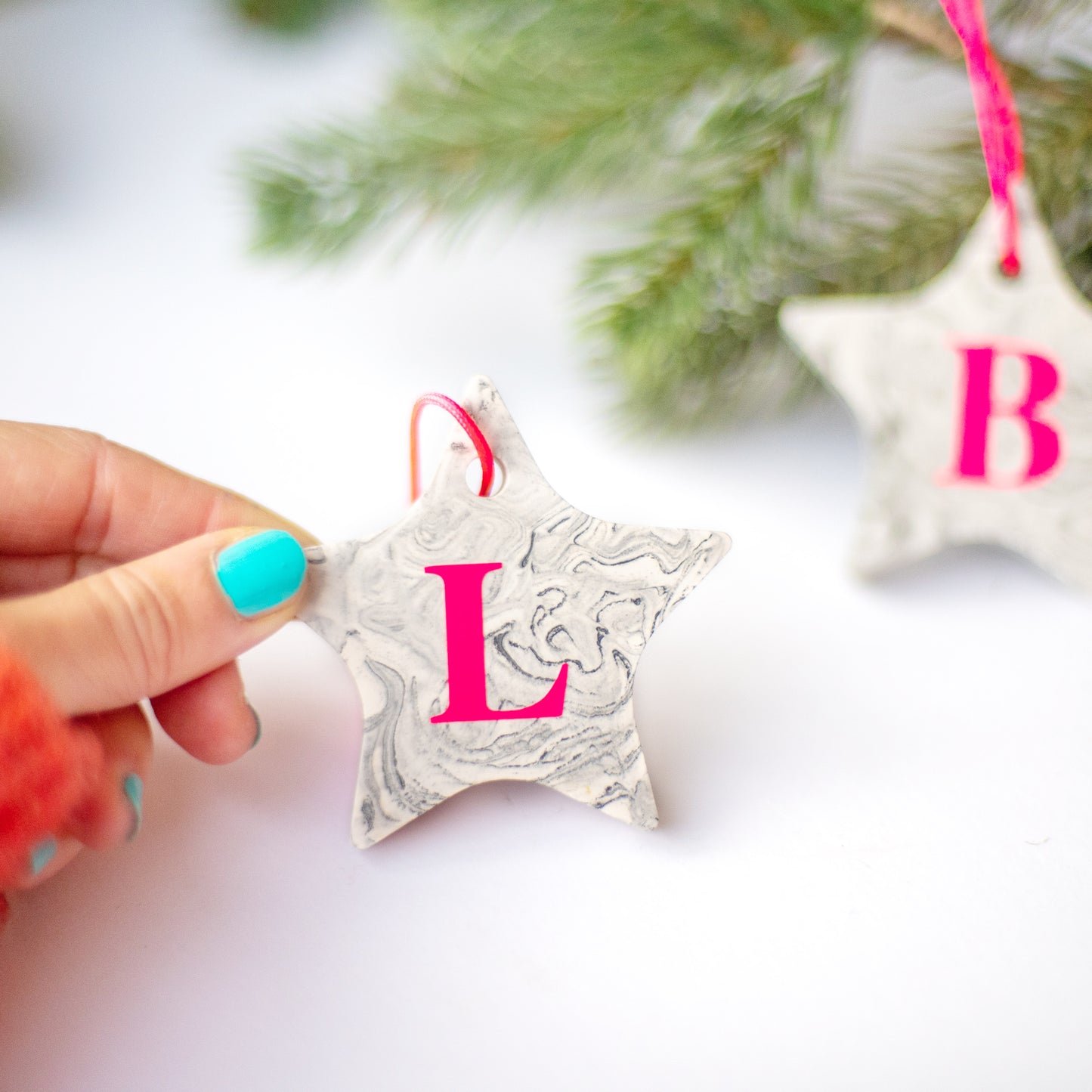 Personalised Marble Effect Star With Neon pink Initial