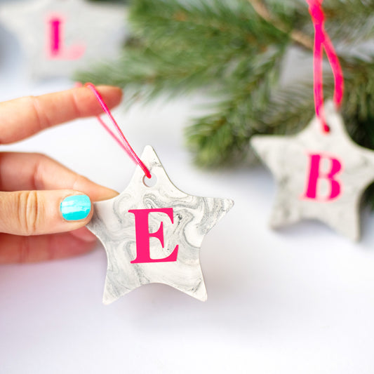 Personalised Marble Effect Star With Neon pink Initial